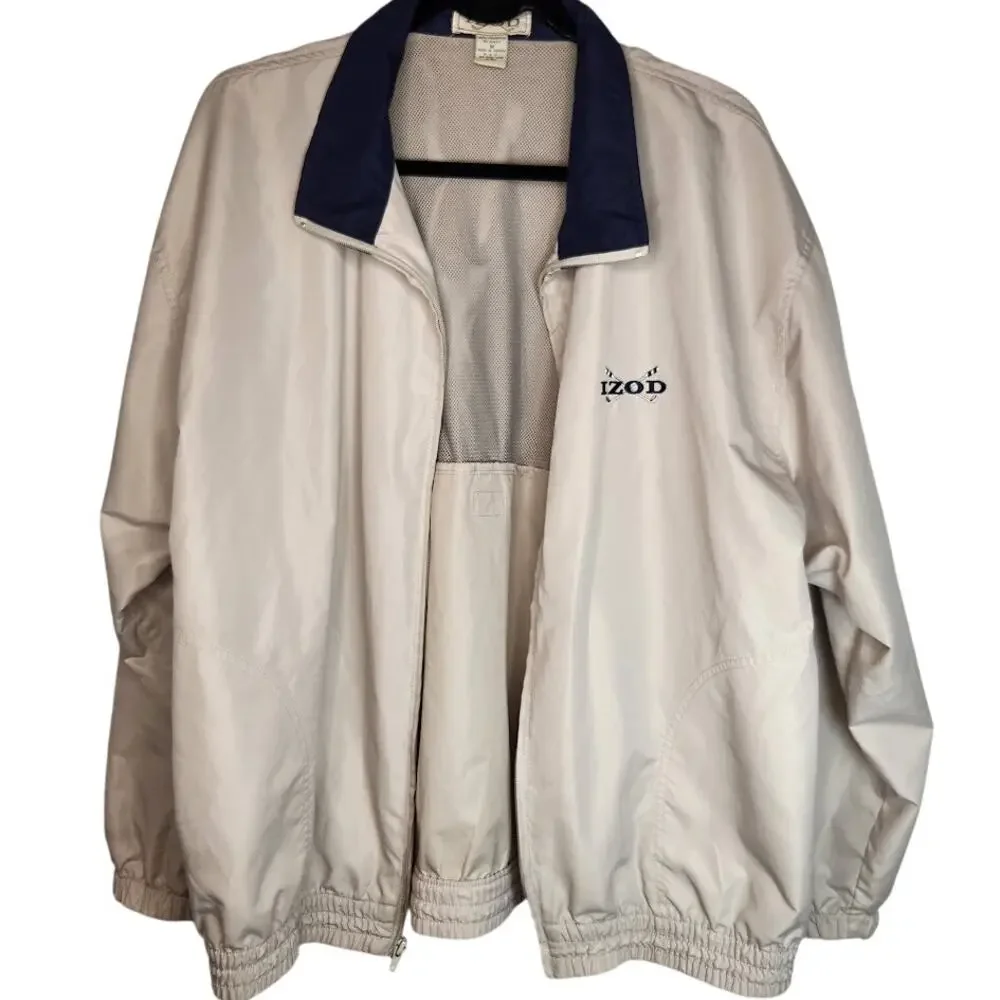 Vintage IZOD Nylon Windbreaker Full Zip Jacket 80s Golf Beige/Blue Mens Medium